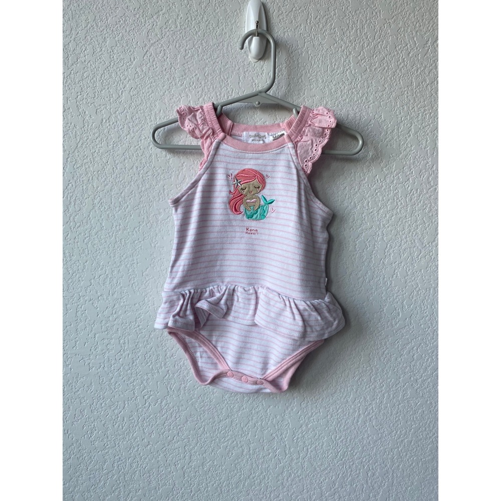 Earth Nymph Girls Mermaid Kona Hawaii Ruffle Bodysuit Size 6-12M Pink White